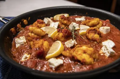 Feta Saganaki Prawns with ouzo (seafood)