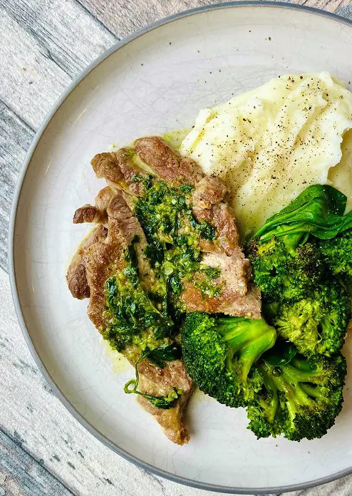 Garlic Lemon Pork Shoulder Steaks on Mash