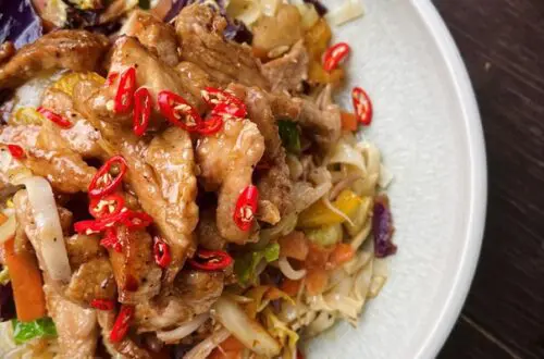 Velvet pork noodle stir fry