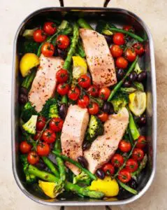 Clare Teeney salmon tray bake