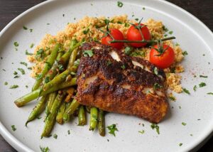 Blackened Cod on Couscous with Green Beans and Cajun Mayo