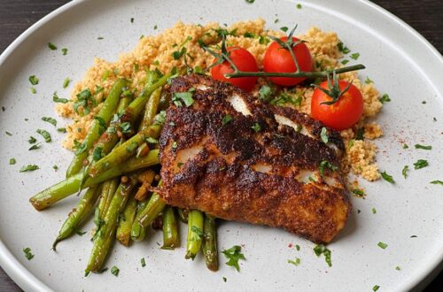 Blackened Cod on Couscous with Green Beans and Cajun Mayo
