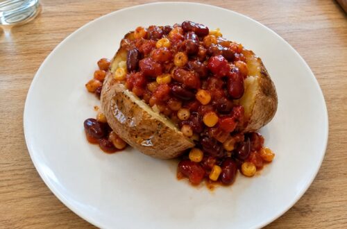 Easy bean chilli on jacket potatoes