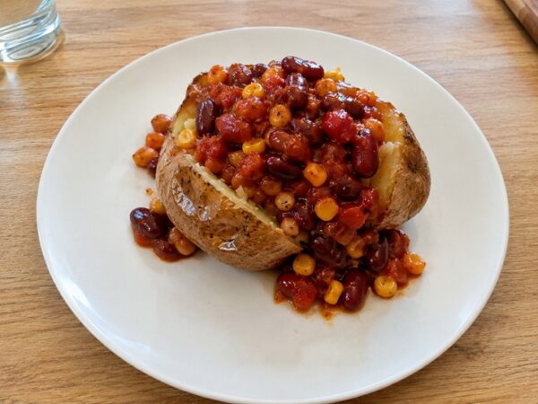 Easy bean chilli on jacket potatoes